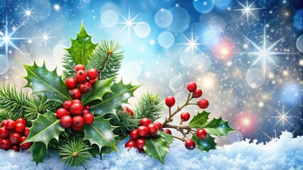 Sparkling snowflakes and festive holly adorn a merry winter wonderland scene, perfect for a festive holiday web banner or seasonal digital design element.