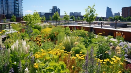 Urban green roof garden with a variety of plants and flowers