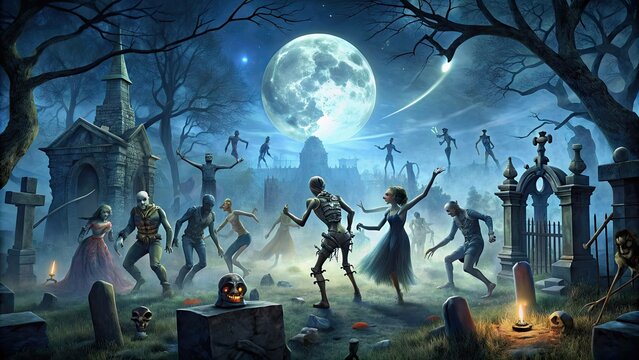 Spooky graveyard scene features dancing skeletons, zombies, and ghouls partying together under a full moon, surrounded by cobwebs and old stone monuments.