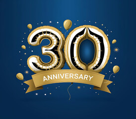 Banner with number 30 golden balloon with copy space. thirty years anniversary celebration concept on a blue background.