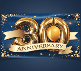 Banner with number 30 golden balloon with copy space. thirty years anniversary celebration concept on a blue background.