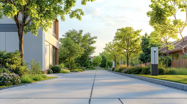 A serene residential street lined with lush trees and modern homes, perfect for showcasing peaceful suburban living. Carbon Neutrality concept.