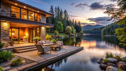 Lakeside Retreat Hideaway: Tranquil, earthy tones, soft lighting, panoramic views