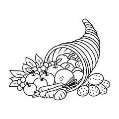 Illustration of a cornucopia filled with various fruits and vegetables. outline