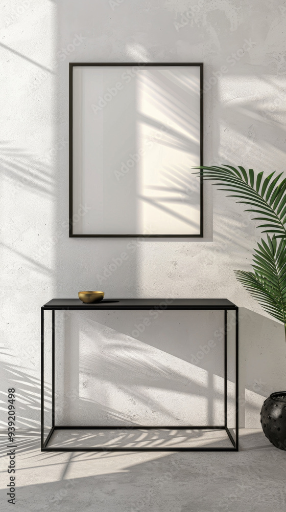 Poster a stylish console table sits against a light wall, complemented by an empty picture frame and a vibr