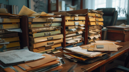 Obraz premium Piles of organized and chaotic paperwork dominate a desk in a warm, inviting office filled with natural light