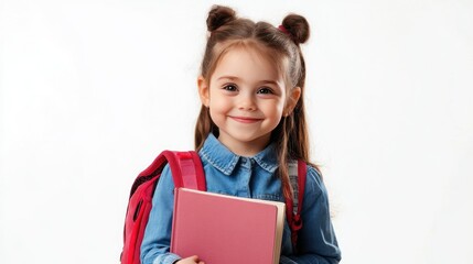 Obraz premium Cute little girl with book and backpack on white background