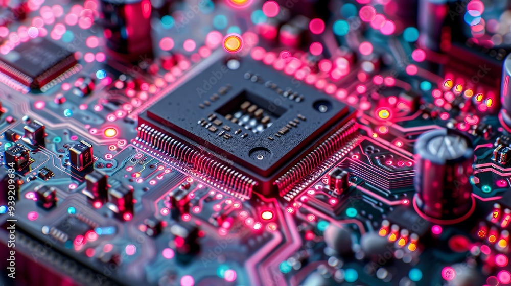 Poster extreme close-up of a cpu circuit board with intricate details, representing advanced technology and
