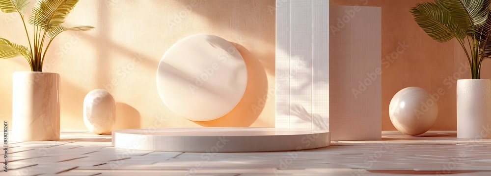 Poster 86. artistic 3d composition featuring floating geometric forms and a polished circle ceramic backdro