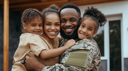 Smiling military father embracing family in front of home.