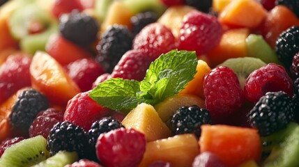 Obraz premium Close-up of fresh fruit salad, featuring berries, melons, and mint leaves. Perfect for healthy eating and summer refreshment.