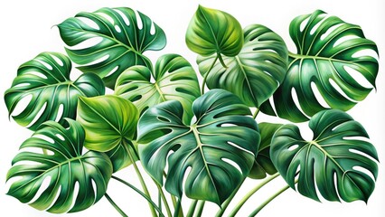 Stylized illustration of a lush philodendron plant in shades of green, with intricate leaf details and elegant curving stems on a crisp white background.