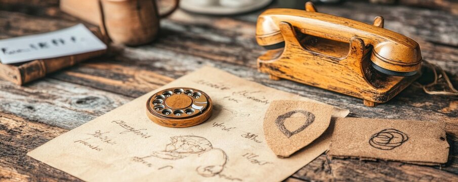 Vintage items on a wooden table, including an old phone, sketches, and a wax seal, creating a nostalgic ambiance.