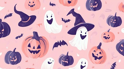Naklejka premium Super cute Halloween background with tiny witches, giggling ghosts, and pumpkins with heart-shaped eyes, all in a pastel color palette.