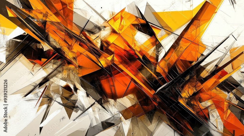 Poster a chaotic yet harmonious collection of angular shapes and lines, forming a complex and visually stim