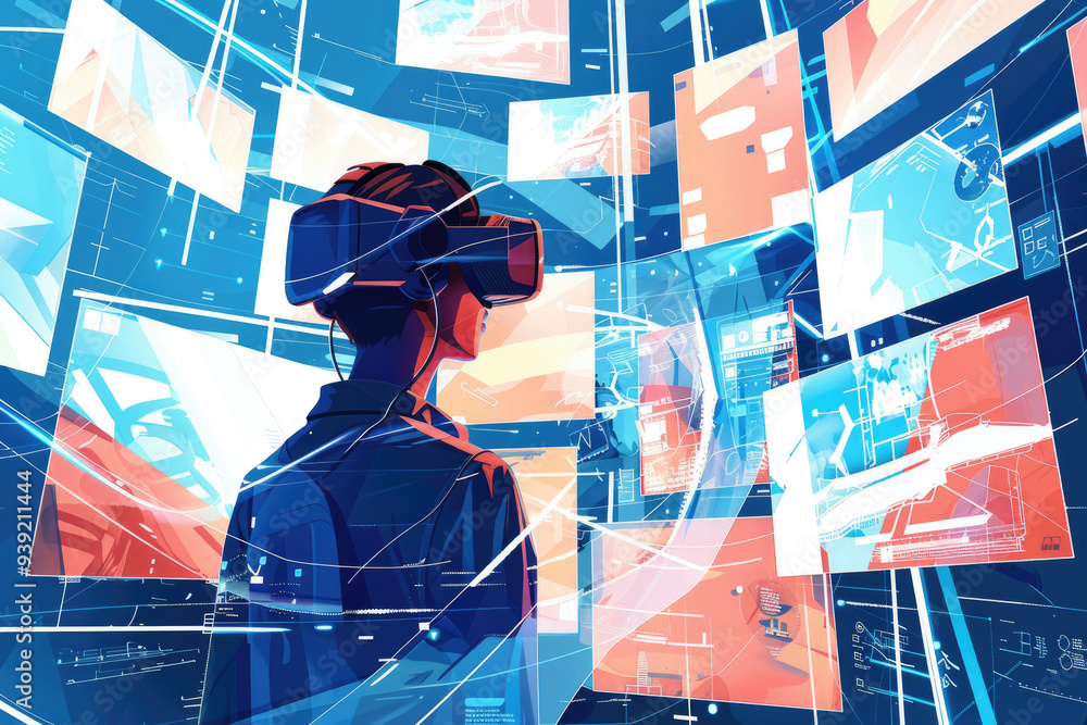 Poster the individual engages with an immersive virtual reality experience, interacting with multiple dynam