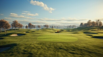 Vast, empty golf course with flag markers on distant greens