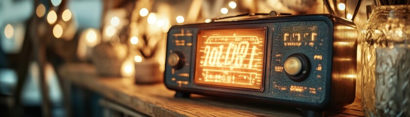 Vintage radio illuminated in soft light, evoking nostalgia and warmth in a cozy atmosphere.
