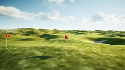 Obraz premium Vast, empty golf course with flag markers on distant greens