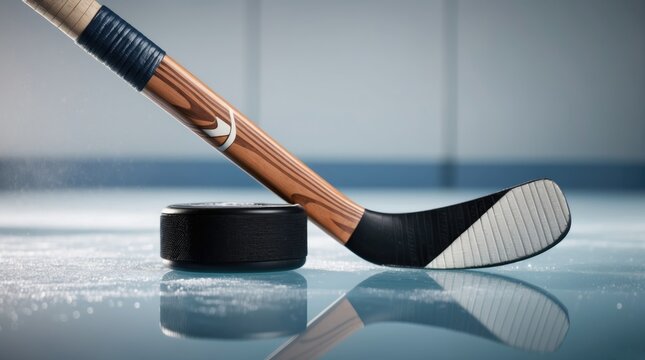 Ice Hockey Stick and Puck on Ice Rink