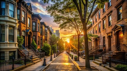 Fototapeta premium Sunset casts a warm glow on Jersey City's residential streets, lined with historic brownstones, tree-lined sidewalks, and urban amenities in the distance.