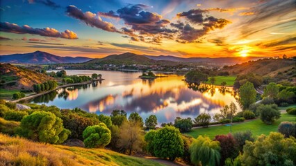 Fototapeta premium Sunset casts a warm glow on the serene Irvine Lake, surrounded by lush greenery and rolling hills in Orange County, California.