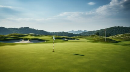 Obraz premium Vast, empty golf course with flag markers on distant greens