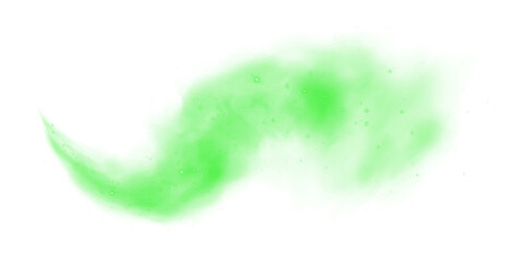 Magic green cigarette smoke. Magic green smoke with glitter and small particles of twinkling stars. Fog with luminous particles. Green vapor with stardust. Morning fog over land or water surface. Magi