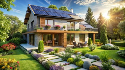 Naklejka premium Sustainable modern eco-friendly house surrounded by lush greenery, solar panels, and a garden, symbolizing environmentally responsible living and reduced carbon footprint.