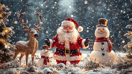 An endearing Christmas scene with jolly Santa Claus, happy reindeer, and cheerful snowmen set against a snowy, wintery backdrop.