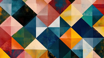 Fototapeta premium Bold geometric patterns with interlocking hexagons and triangles in a mix of bright and muted colors, forming a visually striking abstract design.