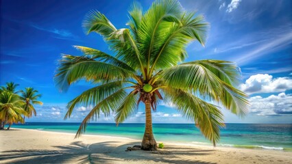 Obraz premium Tall palm tree laden with fresh green coconuts, standing alone on a sun-kissed beach with clear blue sky and lush greenery in the background.