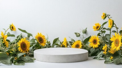An empty concrete platform is placed in the center, surrounded by sunflowers, flat on a white table. There is space for text and displaying advertisements for cosmetic and beauty products