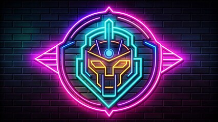 Neon Futuristic Varsity: High school logo, black and neon colors, retro-futuristic, cybernetic, glowing outlines