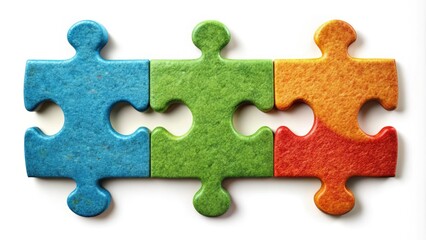 Fototapeta premium Three colorful puzzle pieces with rounded edges and different textures fitting together seamlessly, symbolizing unity, cooperation, and problem-solving, against a plain white background.
