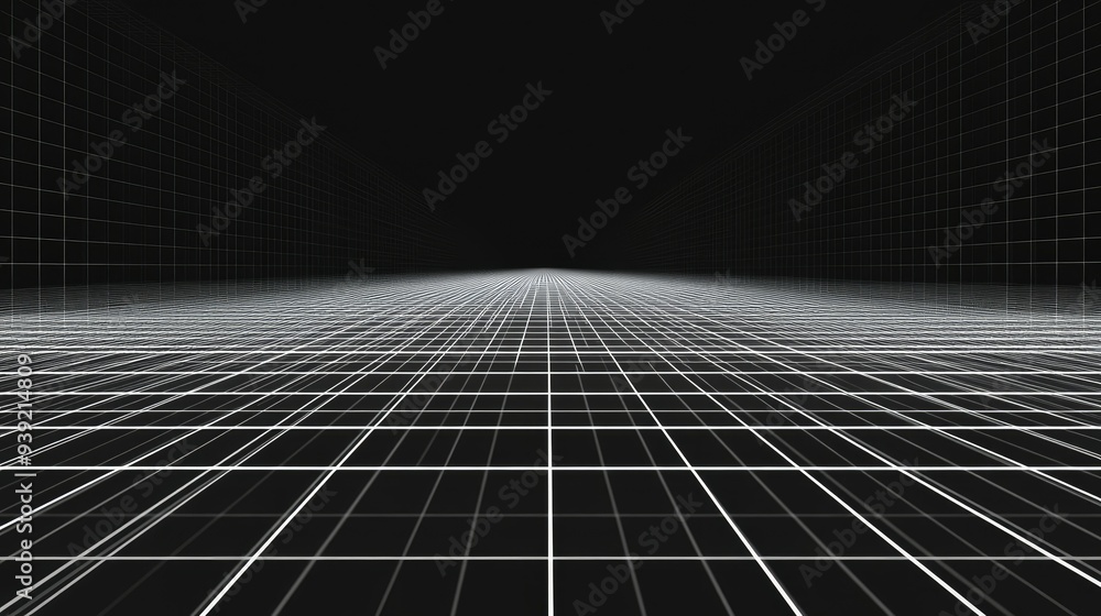 Poster futuristic perspective grid box. abstract wireframe with white grid line on black background. virtua
