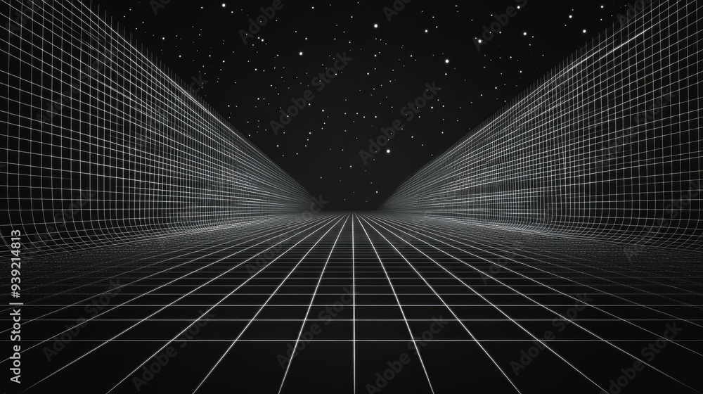 Poster futuristic perspective grid box. abstract wireframe with white grid line on black background. virtua