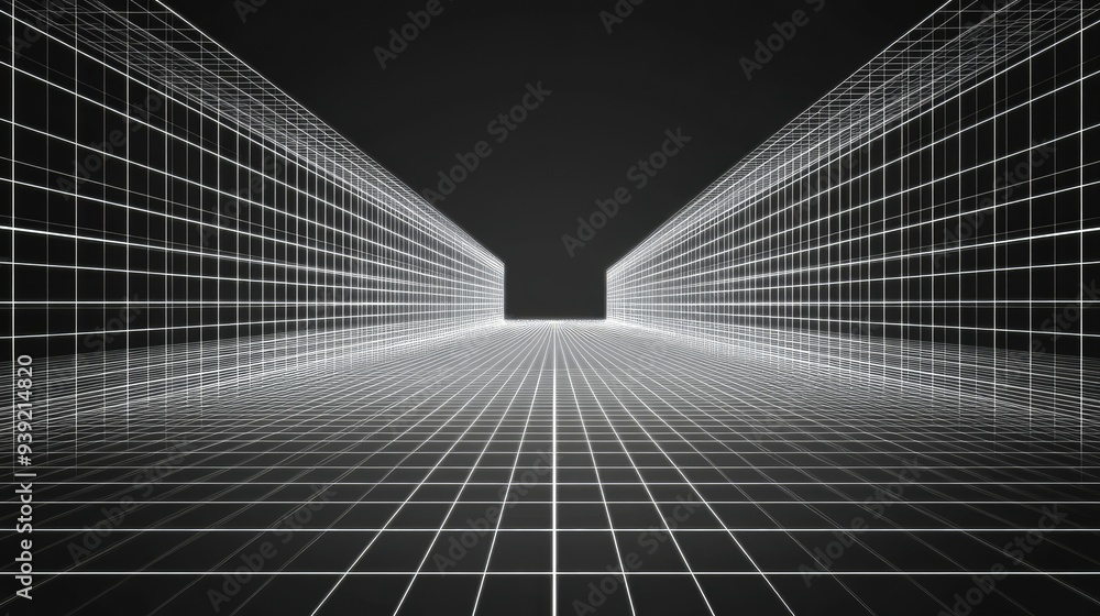 Poster futuristic perspective grid box. abstract wireframe with white grid line on black background. virtua