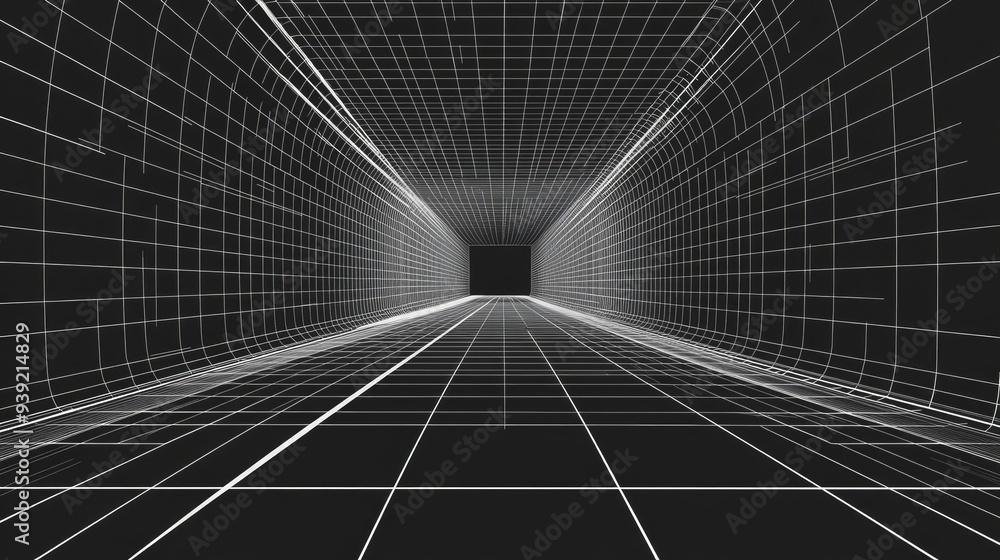 Poster futuristic perspective grid box. abstract wireframe with white grid line on black background. virtua