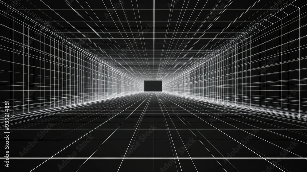 Poster futuristic perspective grid box. abstract wireframe with white grid line on black background. virtua
