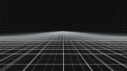 Futuristic perspective grid box. Abstract wireframe with white grid line on black background. Virtual reality landscape in 80s 90s digital style. Vector illustration