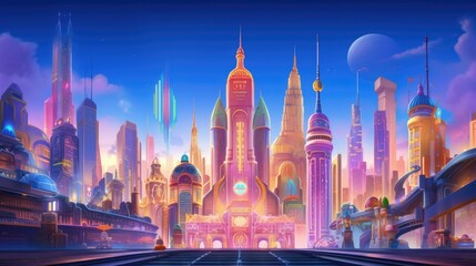 Fototapeta premium Vibrant anime cityscape at sunset with neon signs and skyscrapers