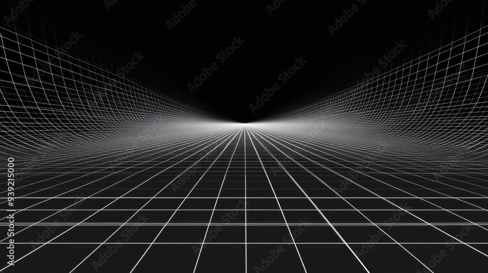 Aufkleber futuristic perspective grid box. abstract wireframe with white grid line on black background. virtua