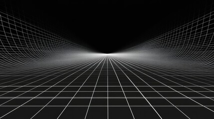 Naklejka premium Futuristic perspective grid box. Abstract wireframe with white grid line on black background. Virtual reality landscape in 80s 90s digital style. Vector illustration