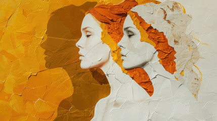 Two women are depicted in profile, one in warm tones and the other in shades of gray, creating a dynamic artistic contrast