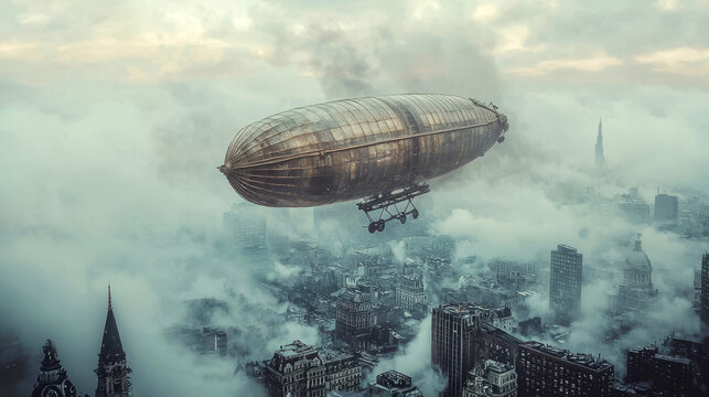 Steampunk-inspired dirigible floating above a foggy cityscape