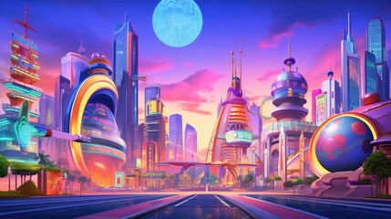 Fototapeta premium Vibrant anime cityscape at sunset with neon signs and skyscrapers