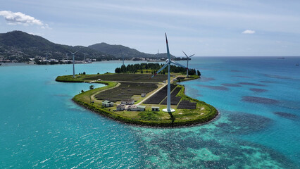Wind Turbine At Victoria In Seychelles Islands Seychelles. Indian Ocean Landscape. Clean Technology...