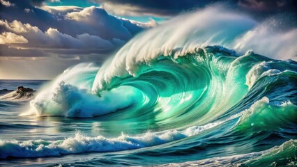Fototapeta premium Turquoise ocean swells crash against the dark mysterious abyss, sunlight barely penetrating the surface as powerful deep sea waves undulate and churn with immense energy.