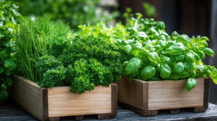 Growing herbs with parsley  chives and basil in wooden containers